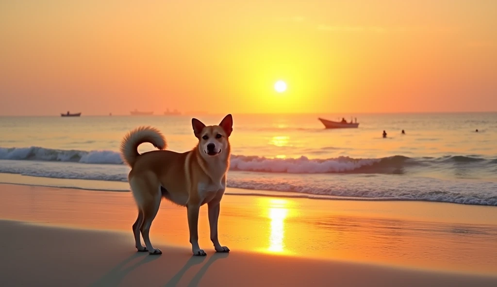 Landscape photograph capturing a serene beach scene during sunset. The layout features a wide view of the ocean with gentle waves lapping against the sandy shore. The sky is a gradient of warm hues, transitioning from deep orange near the horizon to a ligh...