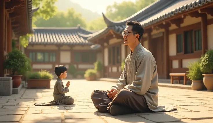 Give me a middle-aged Korean guy with glasses sitting in a square with a happy face and praying on the left side