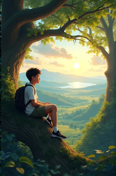 A student sitting on a tree watching a beautiful landscape