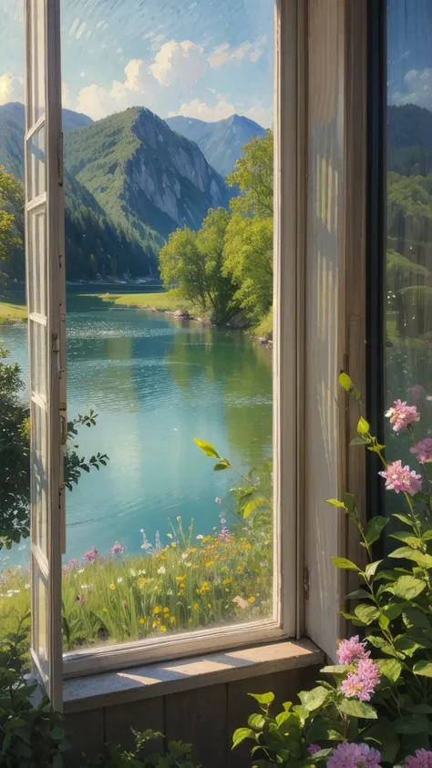 (oil)、(Impressionism)、Bitchu、landscape、sunny、water、garden、Window、scenery、spring