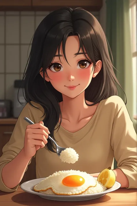 Young woman eating rice with fried egg and banana
