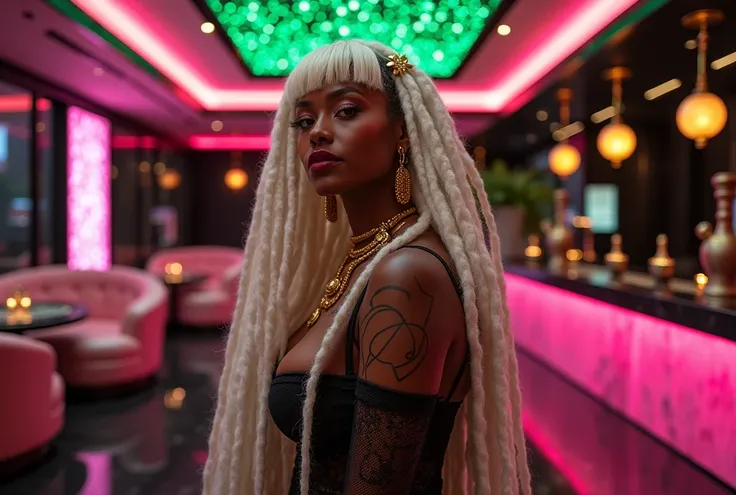 Thick body, slim stomach,  Light skin Filipino and Ethiopian Amharic mixed woman extremely long 80inch white locs with gold hair accessories, curly bangs , plump lips, inside a black marble two story model club with upstairs decorated with pink round loung...