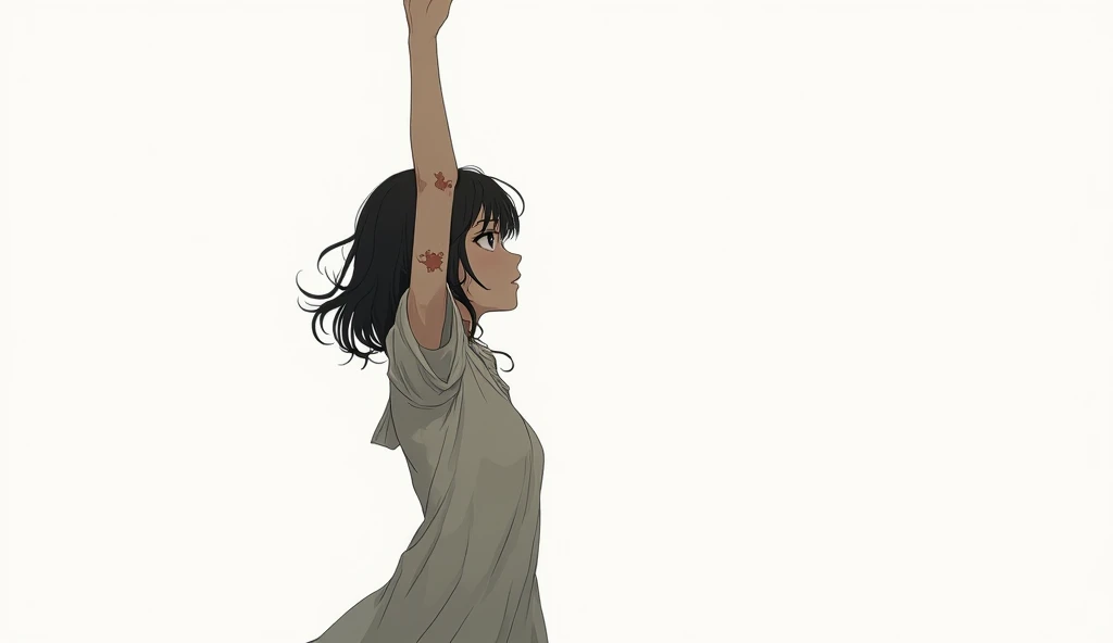 depressed girl with wounds in her arms and sad everywhere who raises her arm to the sky to find some kind of hope. A view of the whole body in profile with a white background. anime style
