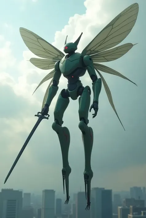  Live Action 、Genuine、A giant robot that looks like a combination of scarab beetles and armor、beautiful, Streamlined, Slender human silhouette、beautiful大きな昆虫の羽、The head has a Streamlined design like a bicycle helmet.、long humanoid legs、Holding the Sword、Bi...