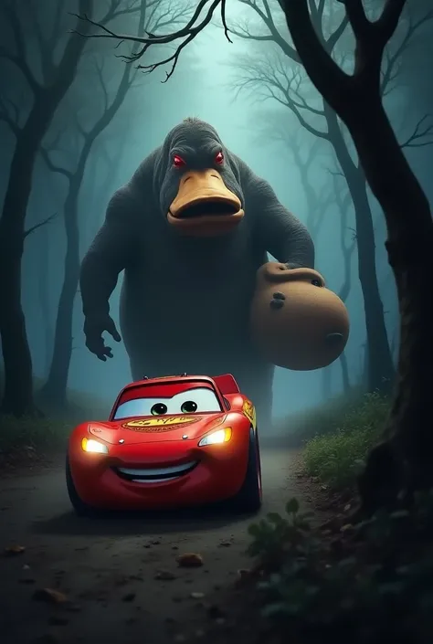 Lightning McQueen fleeing in a dark forest from a giant duck and also a giant hippopotamus that holds a potato