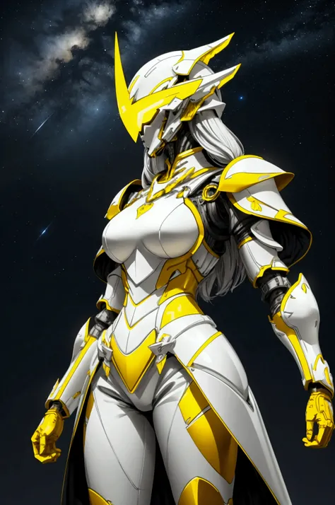 Tall woman in full armour in white colour with yellow accents, helmet on, night sky background.