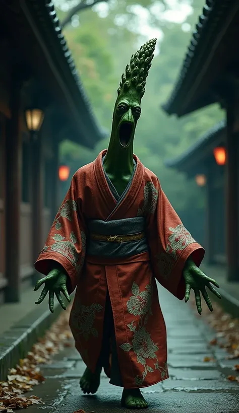 a possessed, bizarre, and eerie asparagus, wearing an ancient Japanese kimono, moving in a strange manner, in the setting of an old Japanese temple, (best quality,4k,8k,highres,masterpiece:1.2),ultra-detailed,(realistic,photorealistic,photo-realistic:1.37)...