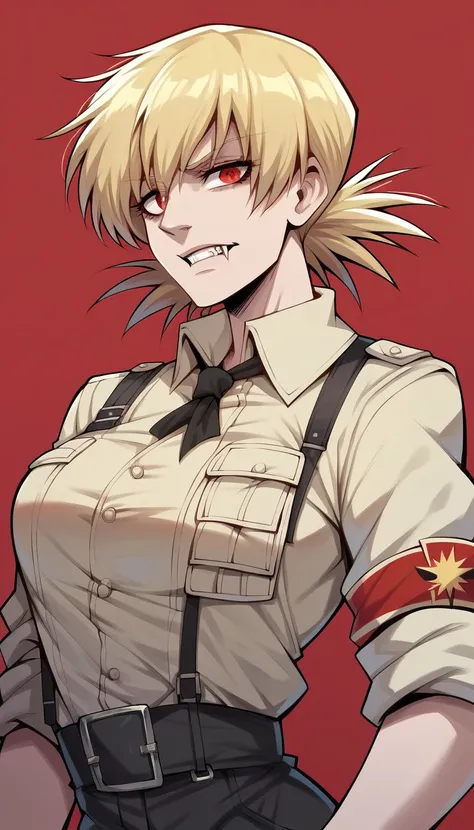 score_9, score_8_up, score_7_up, score_6_up, score_5_up, score_4_up,   r3dgl0w, red eyes, red background, 1girl, vampire, fwngs, blonde, hellsing 