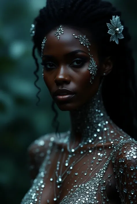  a black woman with diamonds encrusted on her skin all over her body 