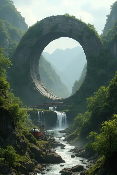 With a circular shape in its natural landscape structure with rivers and waterfalls and in front of old trains that is realistic
