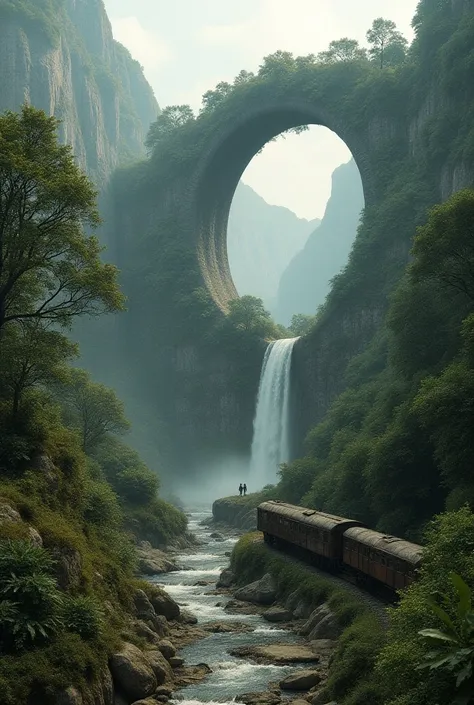 With a circular shape in its natural landscape structure with rivers and waterfalls and in front of old trains that is realistic
