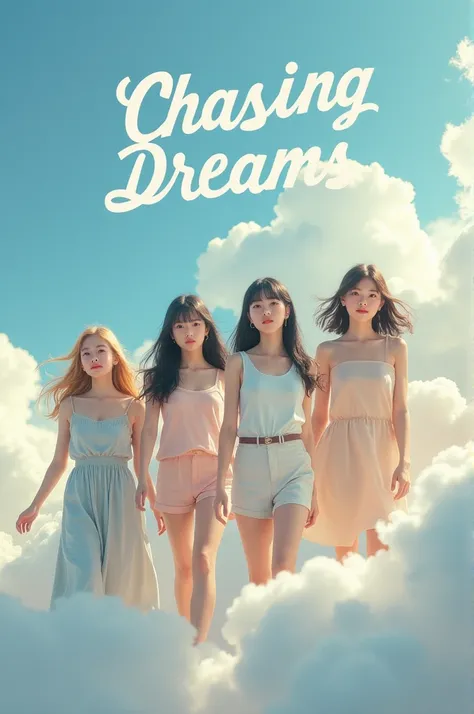  An album cover with a name written on it  "Chasing Dreams"  with four Korean girls , a blonde, one with long black hair ,  one with short hair and one with long brown hair.  All of them on top of clouds .