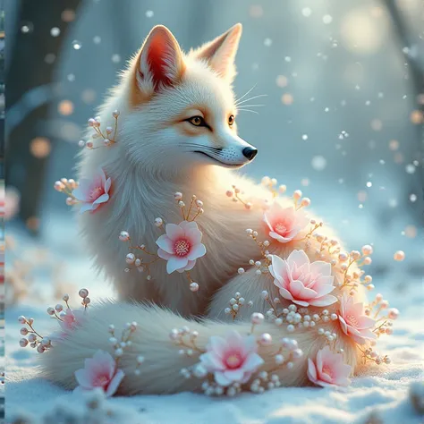 Snowflake，pearl、A nine-tailed fox made of floral swirls