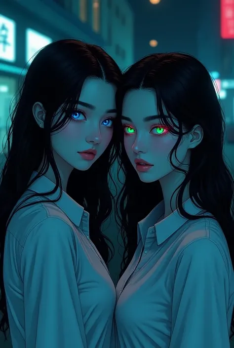 (absurdities,  high resolution , ultra detailed, manhwa, woman HIGH QUALITY), 1 woman, (((Madura))), slender body,  long wavy hair at the back,black hair, * vibrant neon blue eyes* neutral and cool features ,  full and velvety lips , extremely attractive, ...