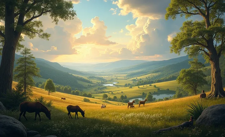 Illustrate an 8K wide view of the earth restored to its pre-fall state, with vast, fertile fields, tall trees, and sparkling lakes. Humans and animals interact peacefully in this perfect landscape, with glowing skies and abundant vegetation. Inspired by th...