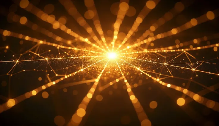  A complex web of golden light connecting various passages in the Bible. The connections form an intricate web of hidden truths , , with each line of light representing an interconnected divine message . The atmosphere is supernatural and sacred, , suggest...