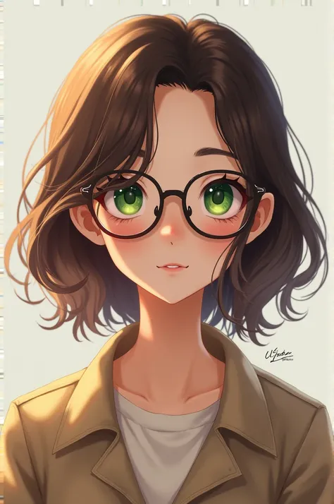 Brown-haired girl is green-eyed with glasses 