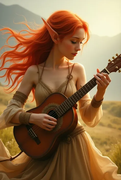 Reddish-haired, pointed elf in the wind, con un instrumento 