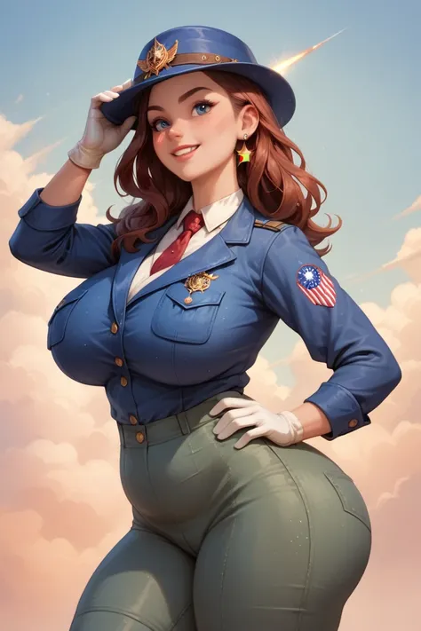 An American woman, long and silky hair,  mens military uniform from World War II, (USA), She is wearing an American generals uniform from World War II, (She has a hat on) , She is wearing pants . huge breasts,  wide hips,  big butt, chubby belly,  sharp fo...