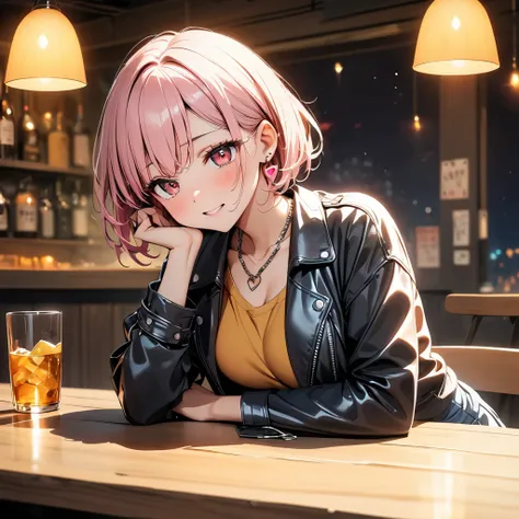 (high quality, 8k, 4K,  high contrast , masterpiece:1.2, 最high quality, Best aesthetics),woman, Damaged jeans on leather jacket , high contrast , Izakaya, Contrasting colors ,Orange lighting, Pink short bob, Red eyes,,  looking over here,Sulky face, [Sleep...