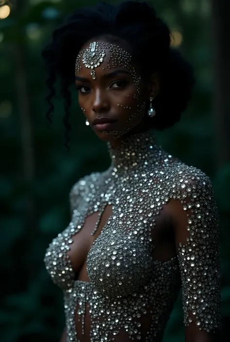  a black woman with diamonds encrusted on her skin all over her body 