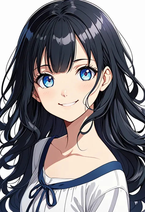 Girl, anime, 2d, character design, manga, slender body, black hair, blue eyes, round eyes, bright smile, a little wavy hair, long hair, bangs, cute face