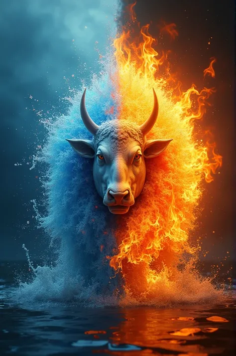 Half of the background that is in water and the other half that is in flames where the sign Aquarius is represented And on the other side the sign Taurus is represented