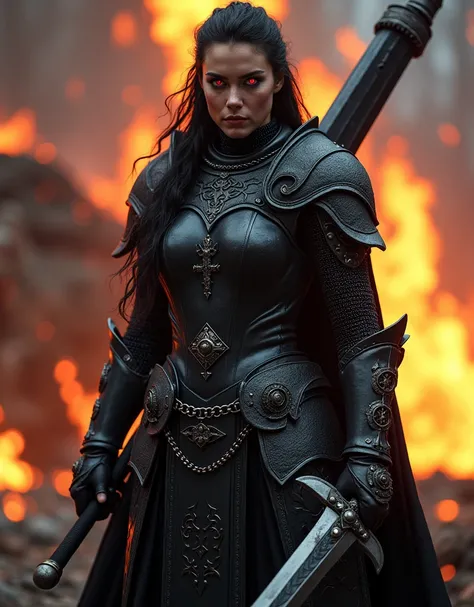 Black knight women, red eye, full body, foot, a long two-handed Damascus steel sword with runes in its hands,, an incredible amount of small details , against the backdrop of a burning 11th century settlement ,photorealism