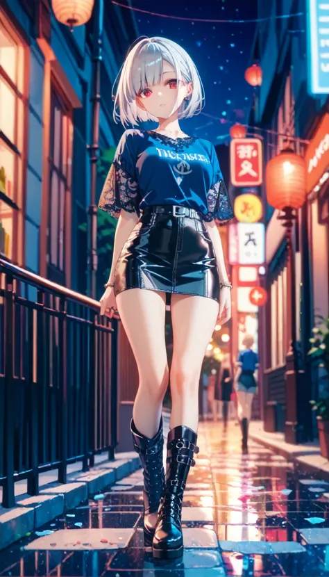 acrylic color,ultra detailed,1girl,silver hair,bob cut,red eyes,lace up shirt,blue shirt,mini skirt,black boots,outdoor,night,lace up sleeve