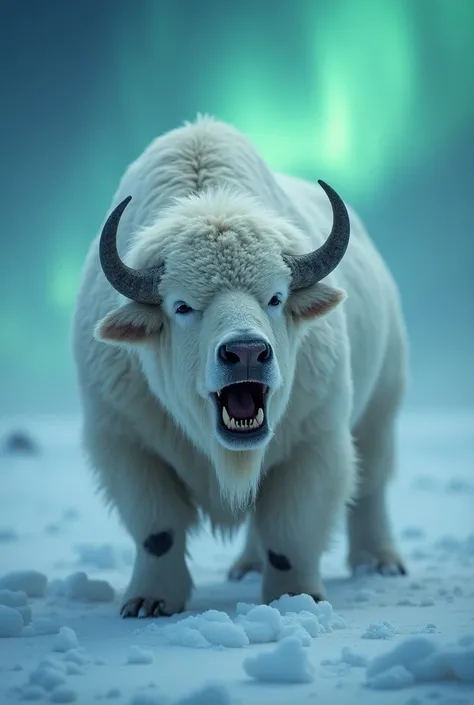 Angry-looking Buffalo vs. Polar Bear: A buffalo with an angry, angry face, baring its teeth with the thick white fur of a polar bear but with the powerful curved horns of a bovine. The creature stands in a wild tundra, surrounded by auroras, with a snowsto...