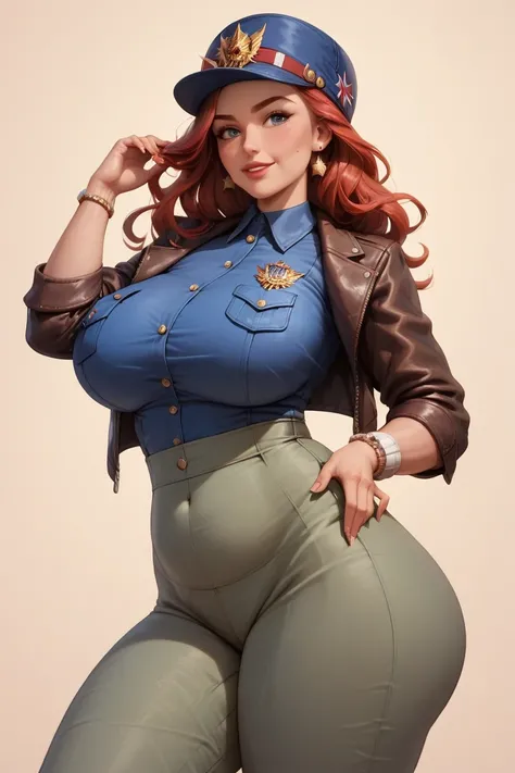 An American woman, Milf, mature woman , long and silky hair,  mens military uniform from World War II, (USA), She is wearing an American generals uniform from World War II, (She has a hat on) , She is wearing pants , (leather jacket) . huge breasts,  wide ...