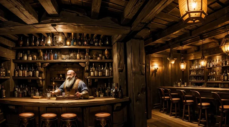 A grand fantasy tavern with wooden beams and stone walls, dimly lit by glowing lanterns hanging from the ceiling. The bar is made of dark, polished oak, lined with mismatched stools. Patrons of various fantasy races—elves, dwarves, and orcs—gather around, ...