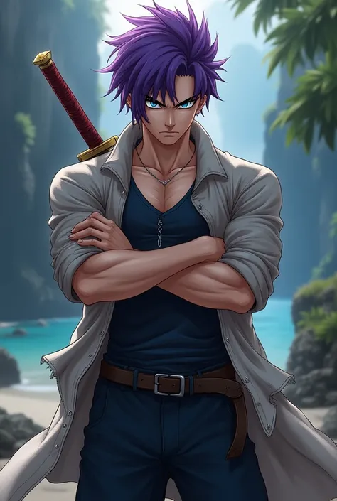 ( masterpiece ,  The best quality :1.2), COWBOY SHOT, Alone,  male focus , 1 , Swimsuit (Dragon ball), expressionless,  Mouth Closed, looking at the viewer,  brazos cruzados, CABELLO MORADO, Blue eyes, jacket, shirt, pants, sword