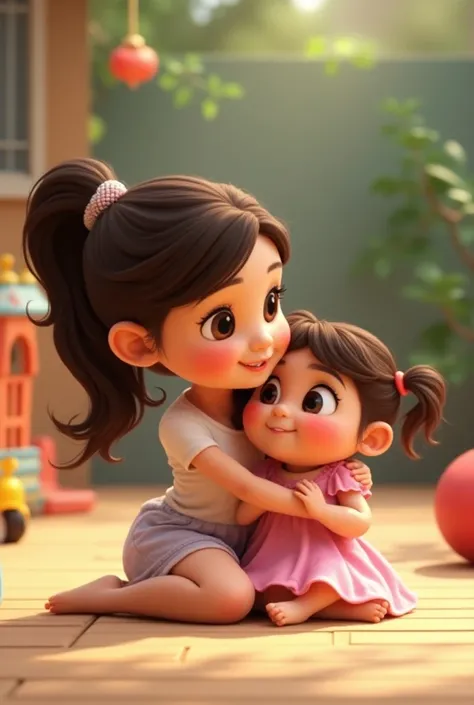 Cute cartoon disney 3d, Raise two girls, One  short ,  round dark brown eyes loosely pulled , with clear, long brown waist-length and curly hair,  she is sitting on the floor holding a baby girl with brown eyes,  chubby girl with pink cheeks, dark hair and...