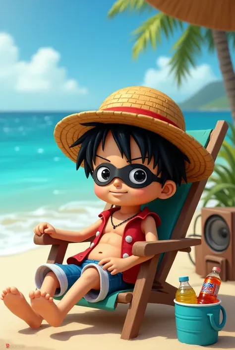 Do the dwarf Luffy ,  with a Juliette on her face ,  at the beach sitting in a beach chair and a speaker next to it with a cooler box with a soda