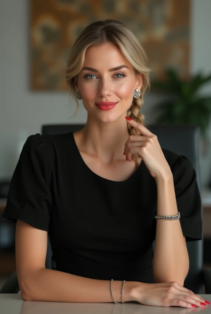  Realistic image of a blonde woman , 4k resolution,  with realistic skin texture ,  natural lighting , realistic light and shadows, professional camera frame ,  with long hair braided in front of her right shoulder , light eyes, soft red lipstick, proporti...