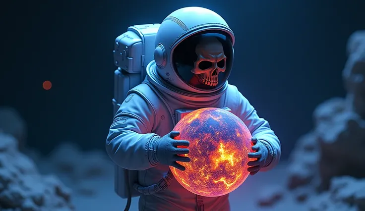 3D illustration of an astronaut holding the planet Earth with colorful lava inside, in the style of Peter Max. A Seogyeong grim reaper skull mask is visible on his face against a dark background. The hyperdetailed illustration has a surreal watercolor styl...