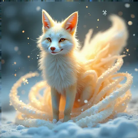 A white-faced, golden, nine-tailed fox made from swirls of snow
