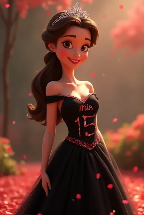  Generate an image of Princess Belle in a black dress with red karol letters in a Disney Pixar style. Her happy expression una corona con diamantes y con letras plateadas un letrero mis 15 primaveras