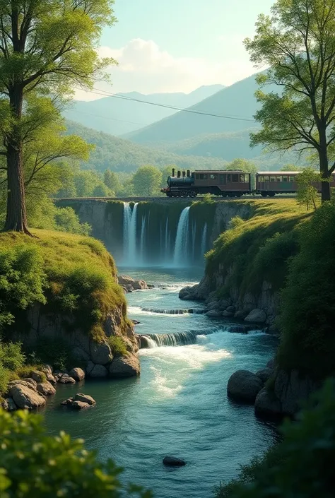  Circulate in its natural landscape structure without mountains with rivers and waterfalls and in front of old trains that is realistic
