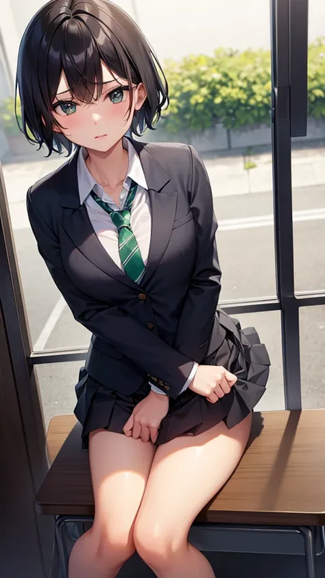   ｛ blazer and dark green tie        ｝,      cute short haired high school girl wearing blazer and dark green tie           ,     cute short-haired high school girl wearing blazer and dark green tie  、     cute short haired high school girl wearing blazer ...