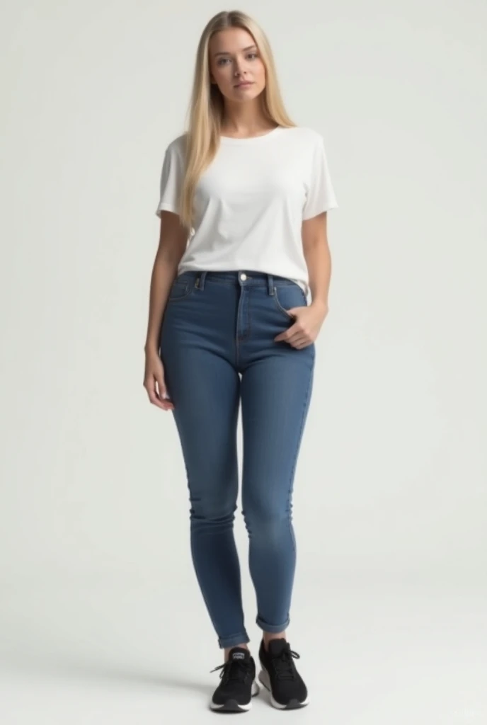 Une femme avec une silhouette en sablier, les fesses sont plus pleines et arrondies que sa taille fine. Ses hanches sont plus larges, créant un contraste subtil avec sa taille marquée. Elle a de longs cheveux blonds lisses . Elle porte un t-shirt blanc aju...