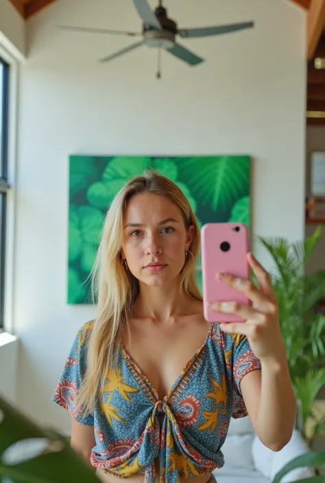 The image shows a young woman taking a selfie in what appears to be a modern, well-lit interior space. She has long blonde hair and is wearing a colorful, flowing dress or top with a pattern of blues, yellows, and reds. The garment has a plunging neckline ...