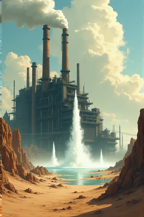 An image idea could be a factory with large fountains gushing water ,  while in the background an arid and dry landscape stands out as if it were a hand-painted drawing