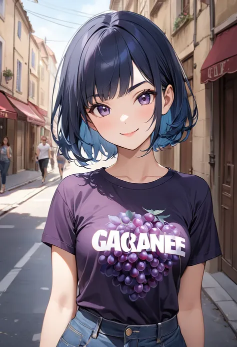 (masterpiece, best quality),grape-print T-shirt,(A girl wearing a grape-print T-shirt),
(tween,cute,(darkblue hair, wavy-short hair),bold eyebrows,middle small breasts),street snap, Bourgogne,octane rendering,smile,