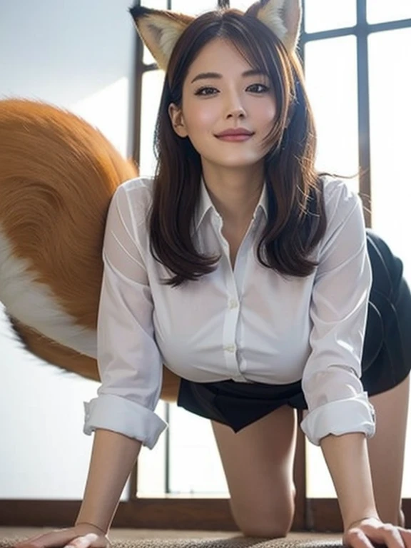 ((Best Quality, 8k)), ((masterpiece)), ( highest resolution ),  perfect face, Woman with fox ears, Woman with a tail, Beautiful woman, She is a company employee, It was taken in the company office, Only one tail, She has thick thighs, Her big fox tail, I c...