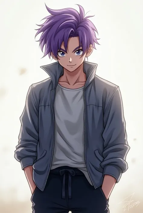 ( masterpiece ,  The best quality :1.2), Future Trunks, Alone,  male focus , 1 ,(Dragon ball), expressionless,  Mouth Closed, looking at the viewer, CABELLO MORADO, Blue eyes, jacket, shirt, pants,smile, Dragon ball