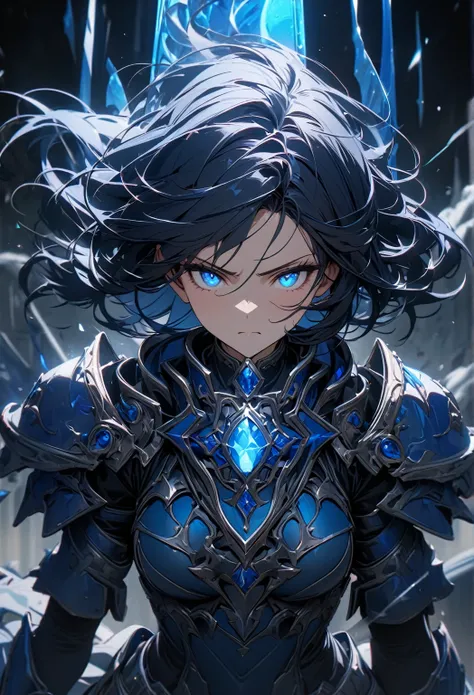 masterpiece, 8k,  top quality , Very detailed, Human female  & Blue Stone, Paladin,  dark blue hair,  glowing blue eyes, Very serious ,  frontal shot of the face ,  with a large sword floating in the air, Several blue swords around ,