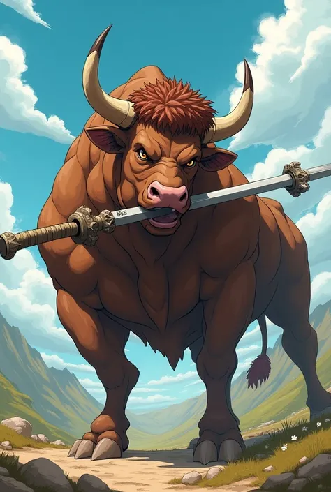 Four-legged bull with sword in his mouth anime style