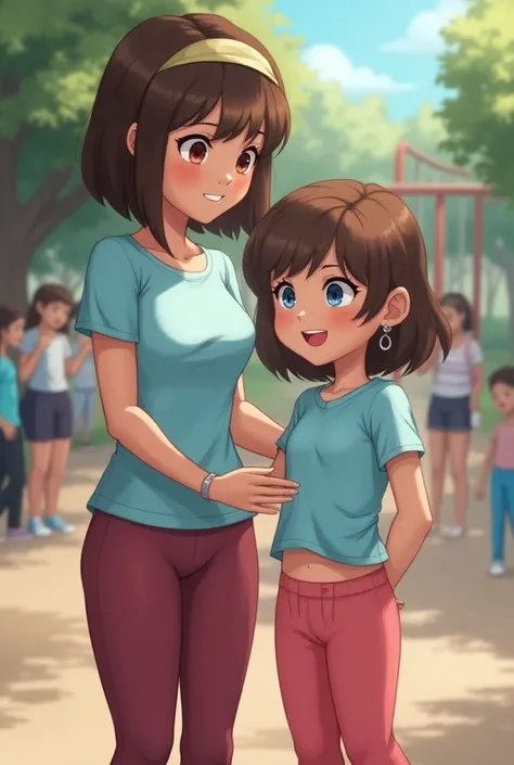 1 girl, 9y, 1 mother, standing, mother gently grabs one of her daughter’s breasts, playground, light blue shirt, skintight pink leggings, waist string, no breasts, short bob hair, hair band, earrings, sneaky smile, blushes, blue eyes, realistic, people in ...